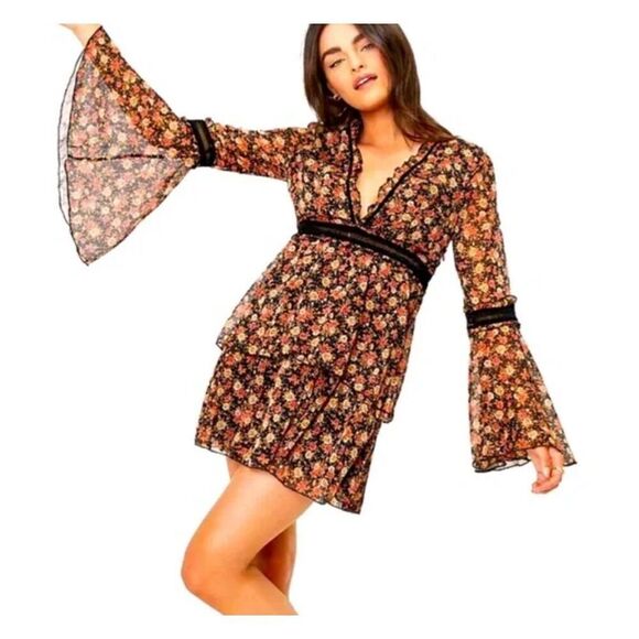 Nasty Gal Dresses & Skirts - 🆕 Nasty Gal‎ I’ll be Bouquet black floral bell sleeve mini dress size 6